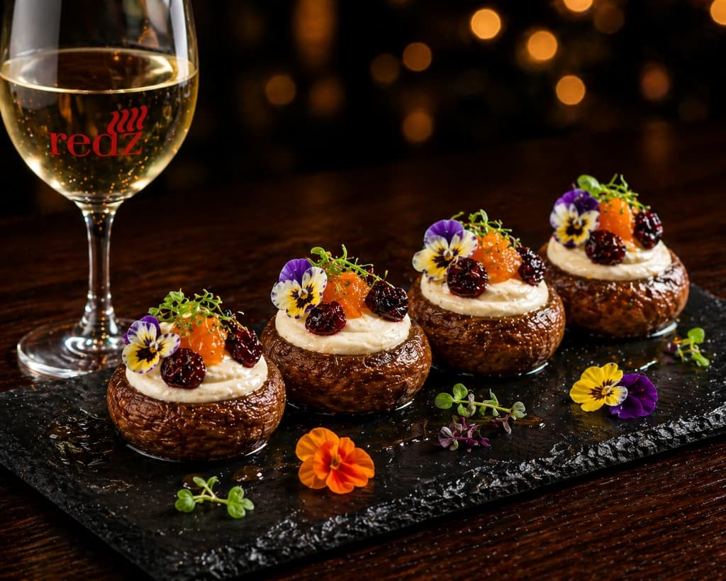 Gourmet stuffed mushrooms and Redz wine at the table